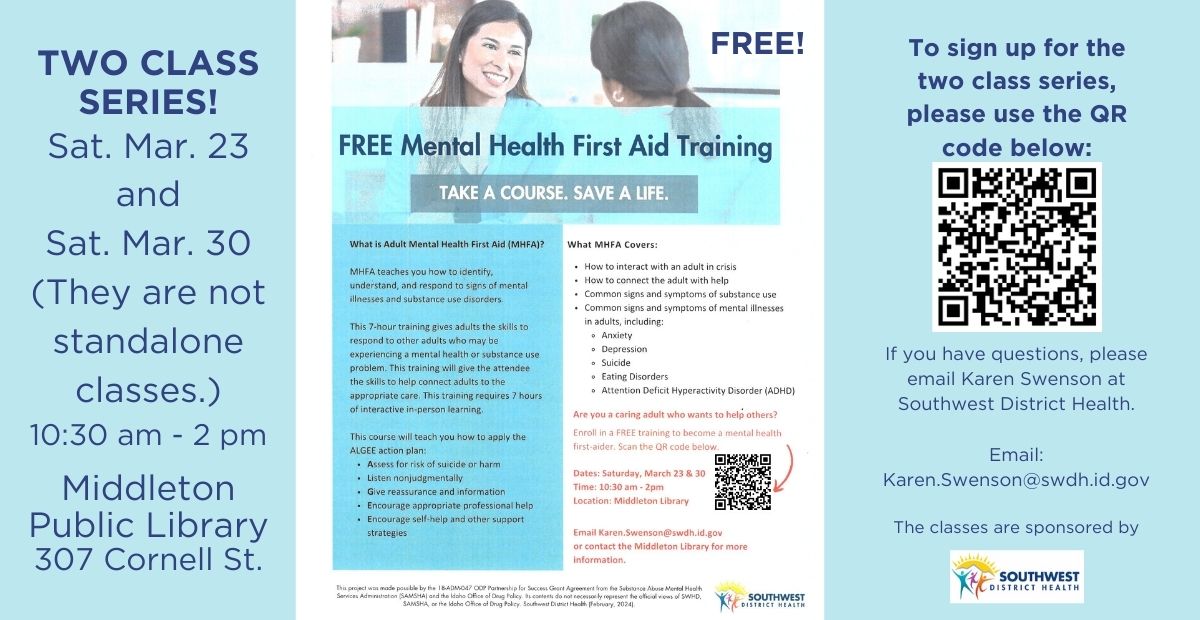 Mental Health First Aid Training – 2 class series, 2/23 and 3/30